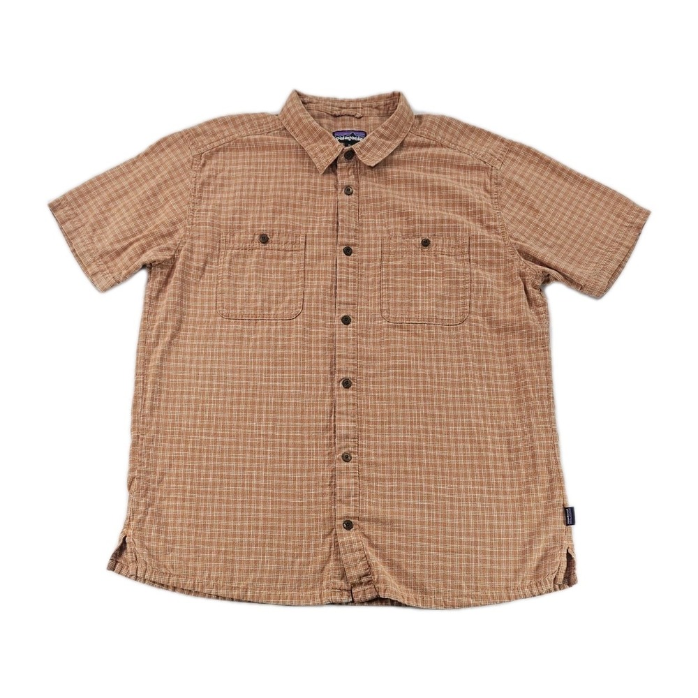 Patagonia Men's Button Up XL Orange Plaid Hemp Blend Camp Short Sleeve Outdoors